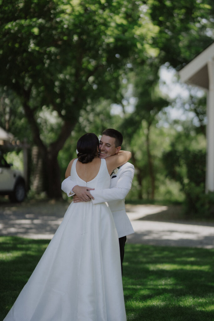 bride and groom share first look at Abeja Winery wedding
