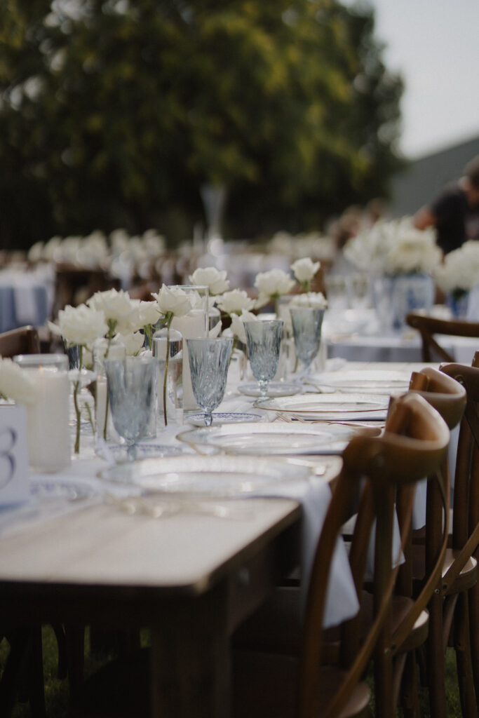 blue and white themed wedding tablescape